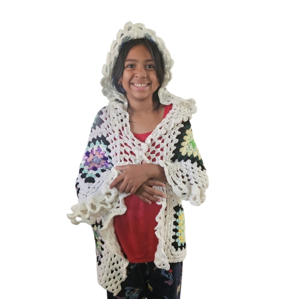 Hand Crafted Crochet Granny Square Cardigan open front Hooded Colorfull Sweater - Picture 13 of 17